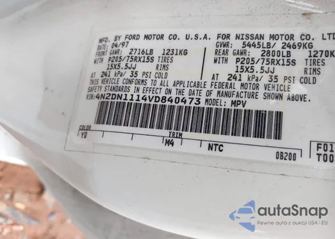 1997 Nissan Quest Gxe/Xe z USA, uszkodzony, nr VIN 4N2DN1114VD840473